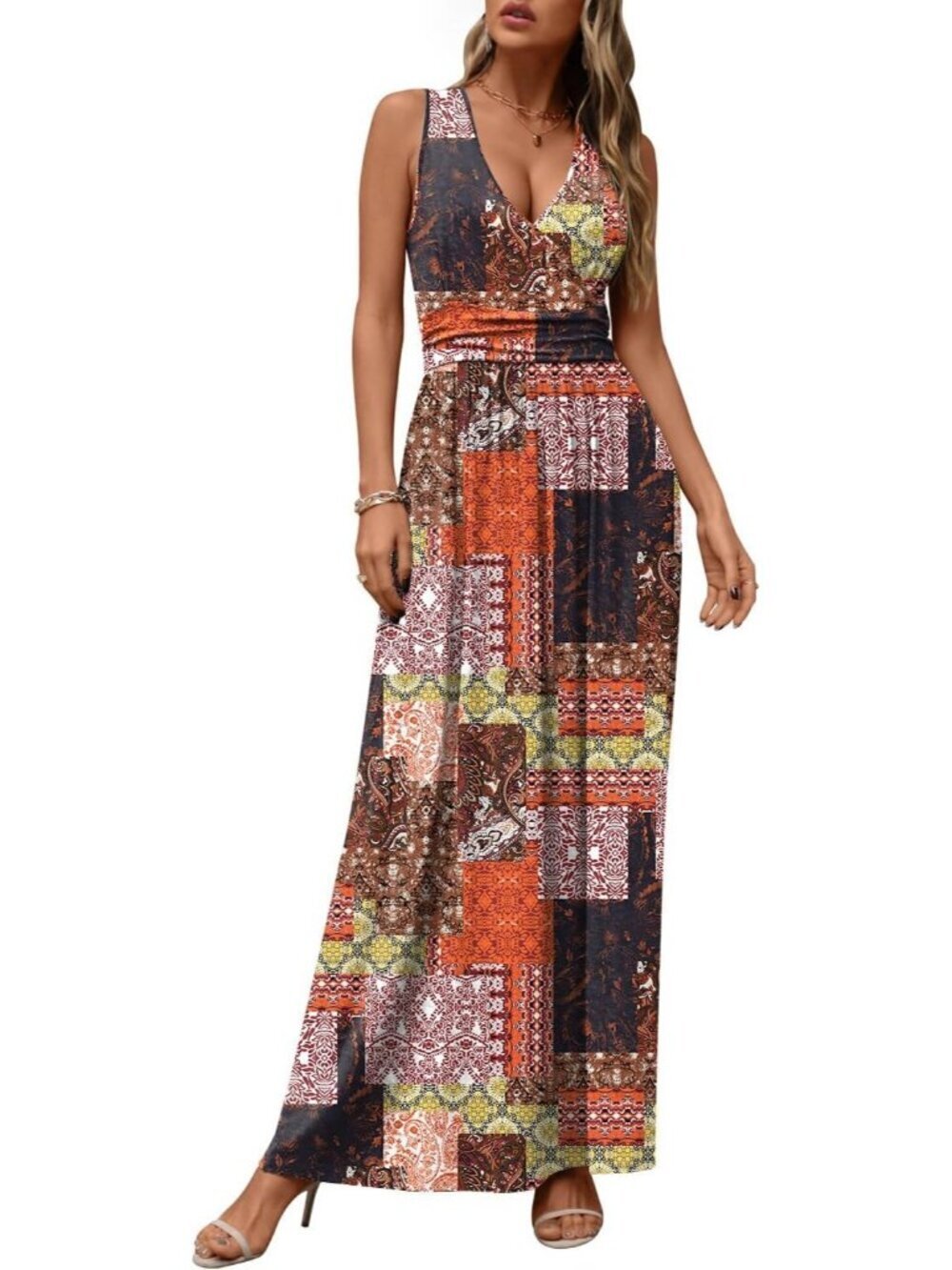 Women's Flower Multi Orange Sleeveless Summer Casual Formal Long Maxi Dress